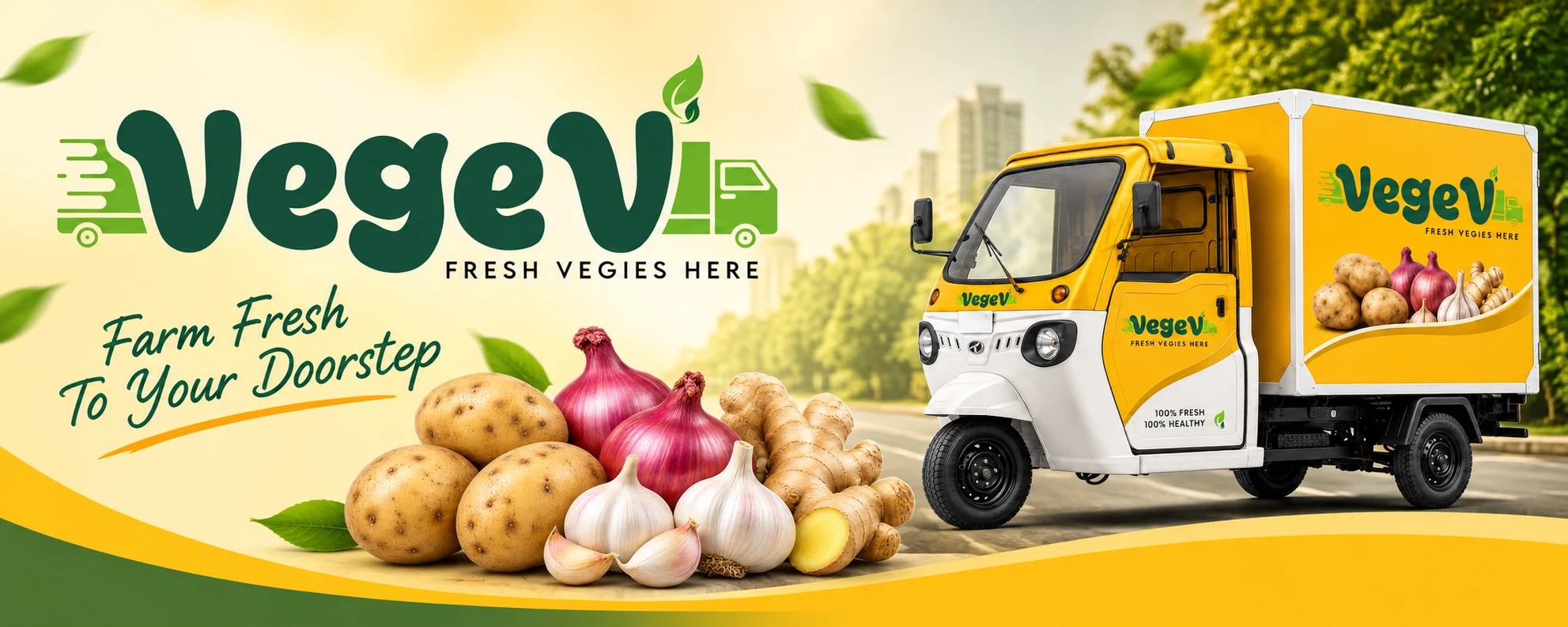 VegeV — Farm Fresh To Your Doorstep, with potatoes, onions, garlic, ginger and a yellow delivery vehicle