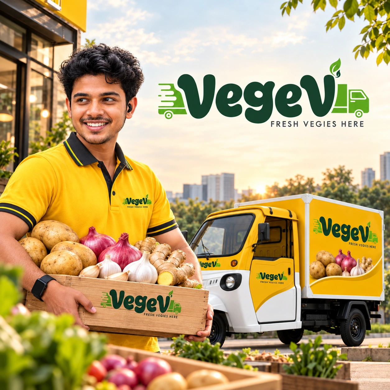 VegeV delivery representative holding a crate of fresh vegetables, with the VegeV logo and yellow delivery vehicle.